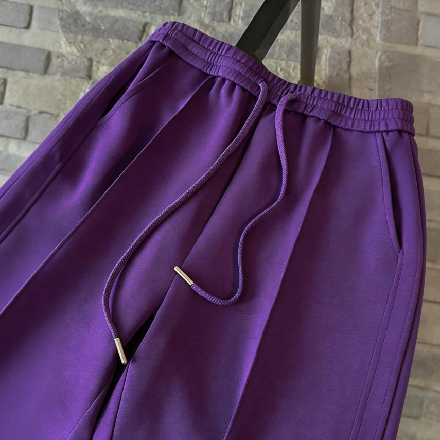 【整套】設計感假兩件長袖T恤+紫色運動褲兩件套