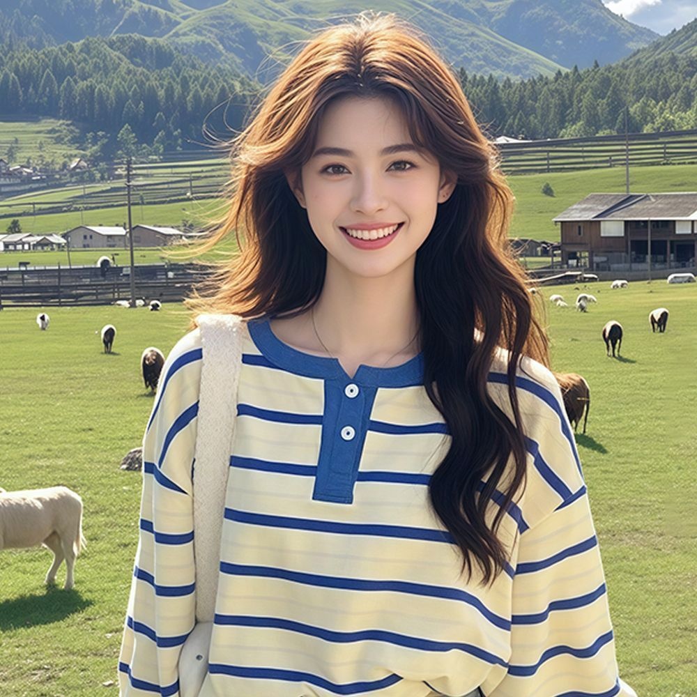 寬鬆半開扣設計感條紋休閒長袖T恤