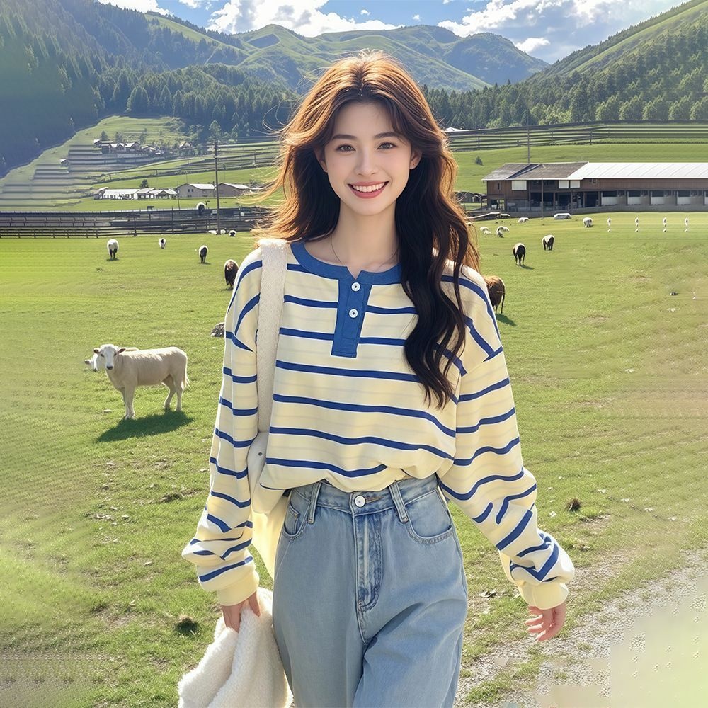 寬鬆半開扣設計感條紋休閒長袖T恤