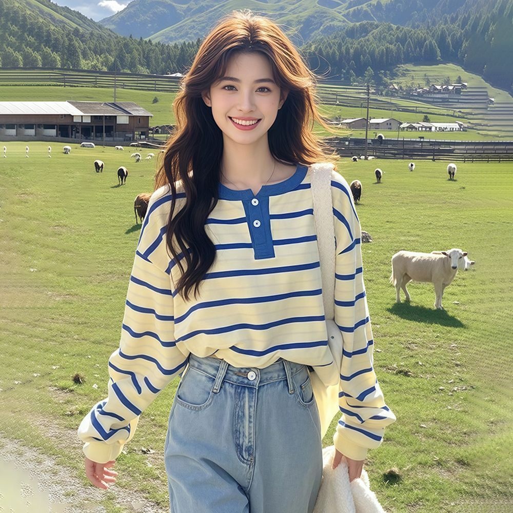 寬鬆半開扣設計感條紋休閒長袖T恤