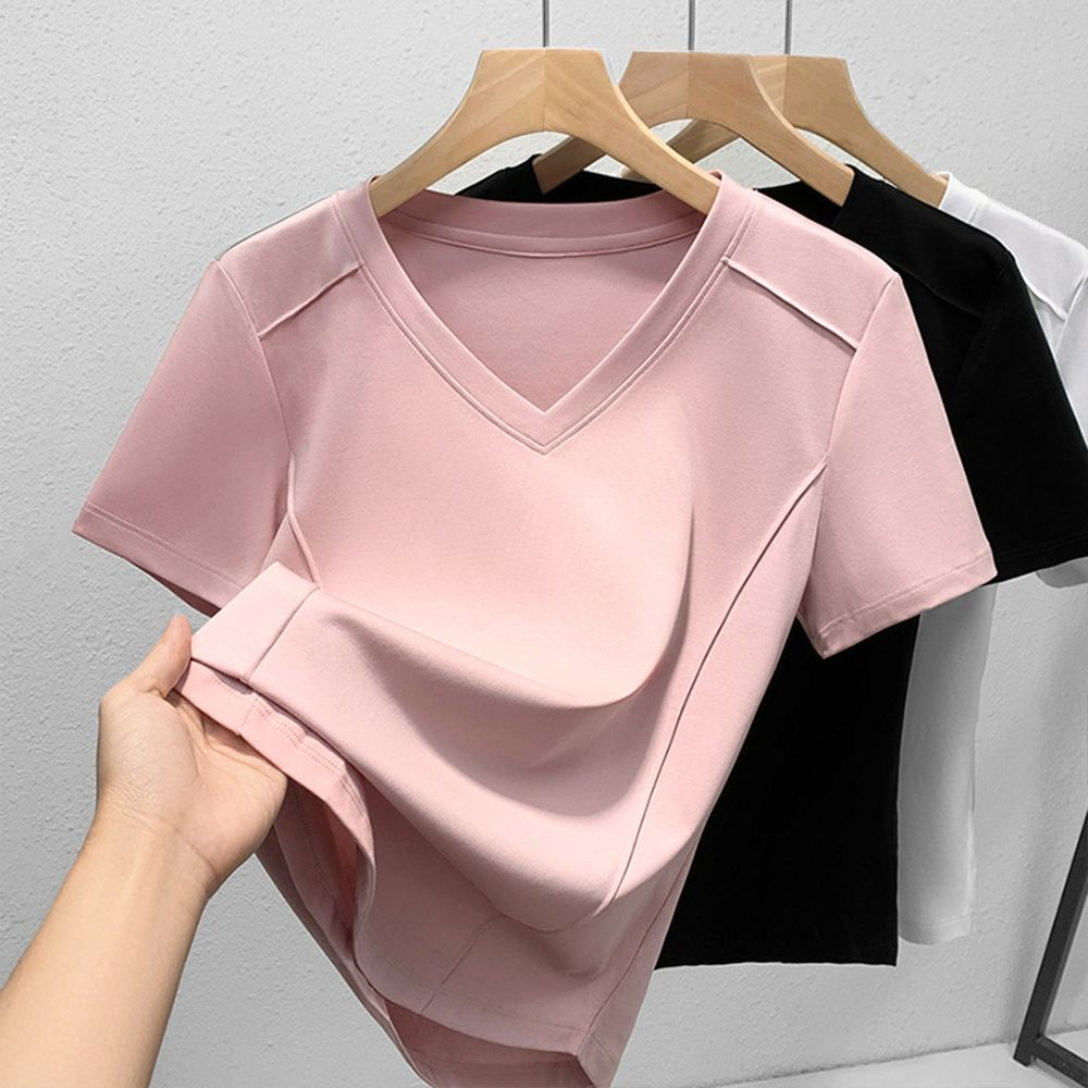 時尚絲光棉圓領打底衫素色正肩短袖t恤