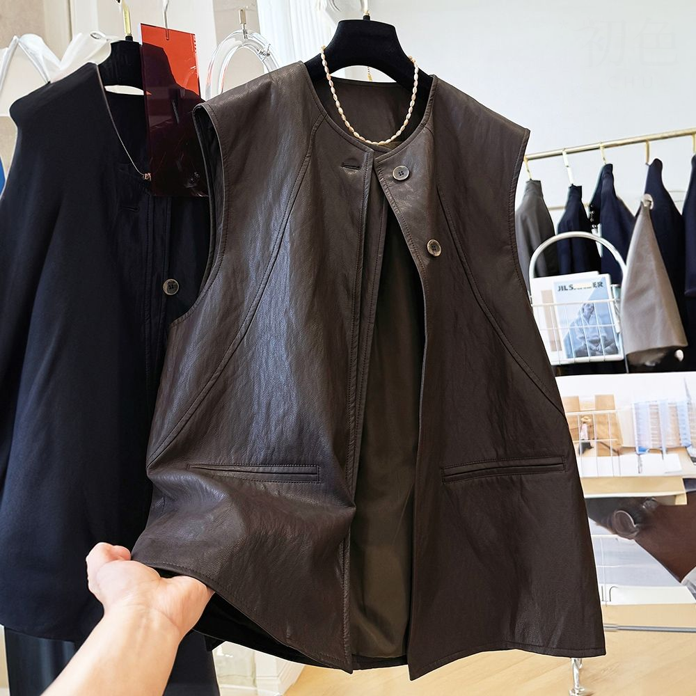 獨特設計感疊穿圓領無袖皮馬甲