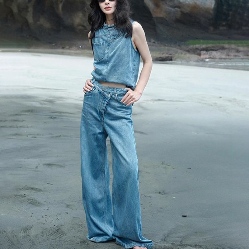 【單件/套裝】減齡氣質牛仔背心+闊腿褲兩件套