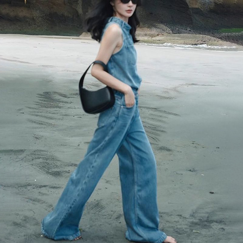 【單件/套裝】減齡氣質牛仔背心+闊腿褲兩件套