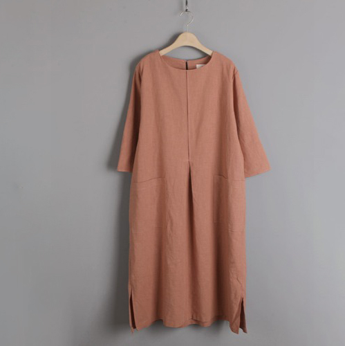 棉麻寬鬆韓版時尚大口袋中長休閒洋裝