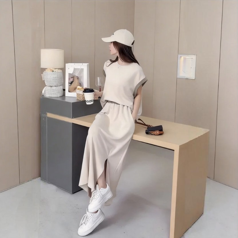 【整套】時尚寬松大碼拼接短袖+百搭休閑半身裙兩件套