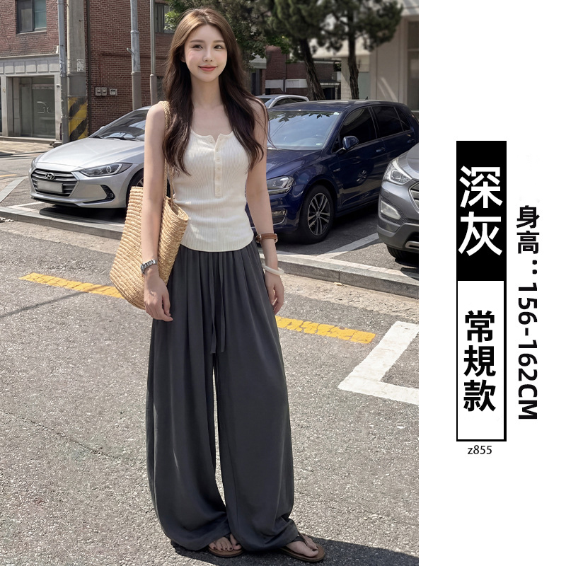 日韓休閑亞麻闊腿垂感寬鬆直筒褲