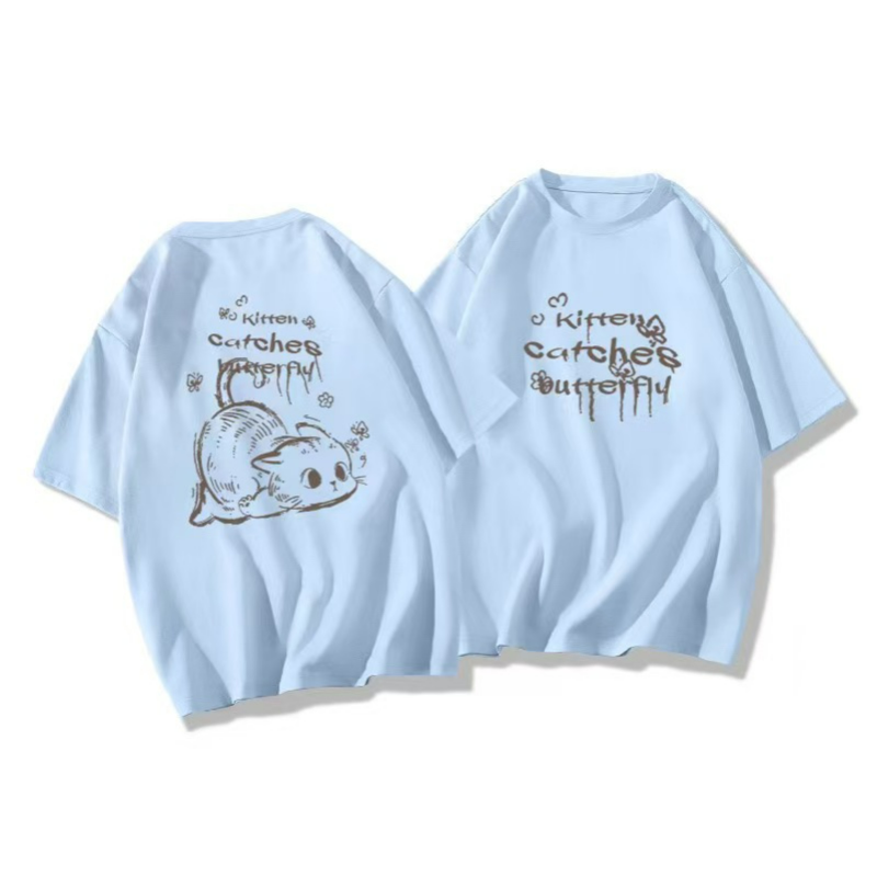 貓咪印花卡通可愛個性寬鬆透氣短袖T恤-lululam