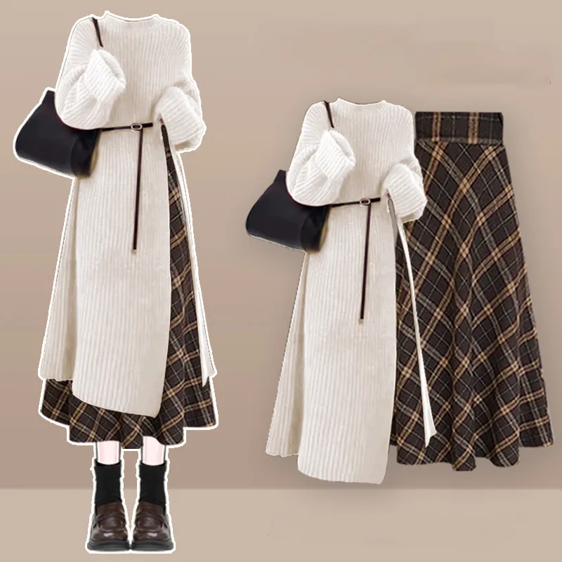 法式氣質針織洋裝顯瘦百搭格子半身裙兩件套裝-lululam