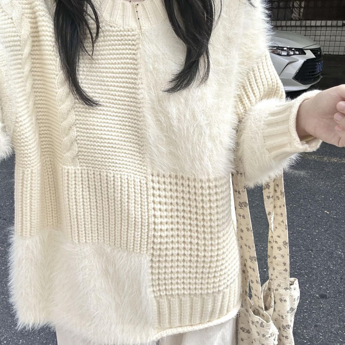 高級感慵懶風寬鬆重工拼接針織毛衣