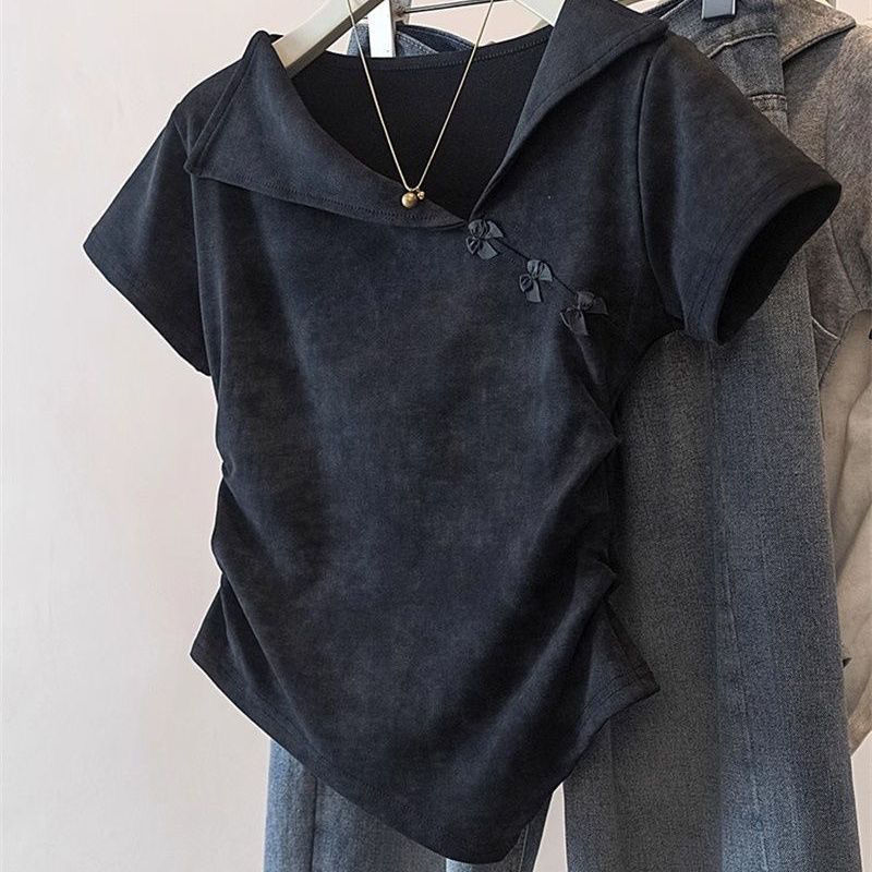 設計感翻領紮染不規則蝴蝶結收腰短袖T恤-lululam