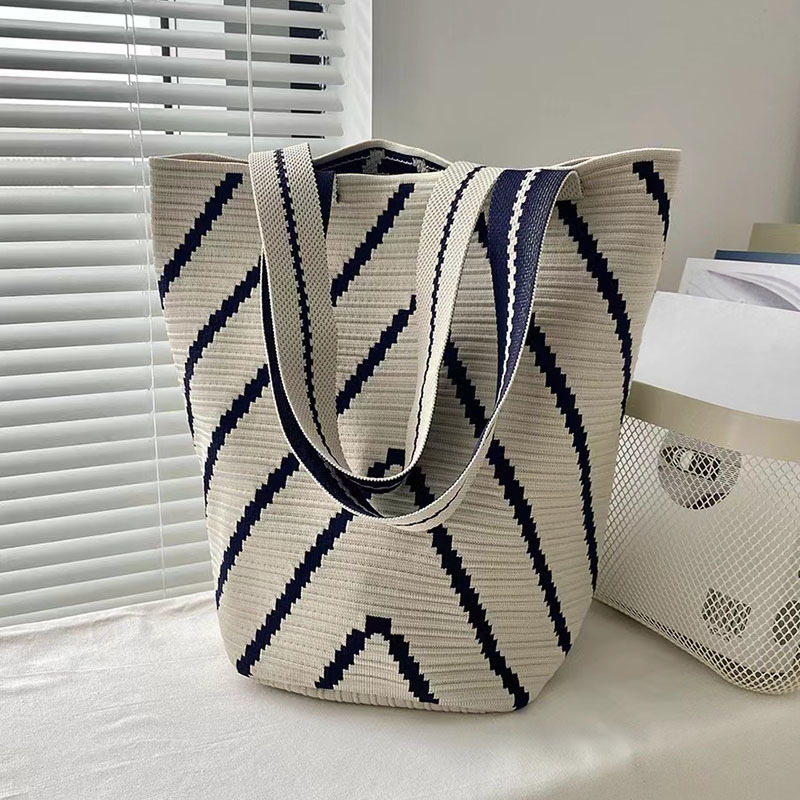 簡約條紋大容量通勤百搭時尚單肩編織腋下包-lululam