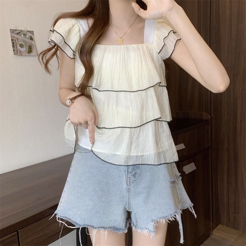 休閒方領荷葉邊娃娃衫遮肚子小飛袖雪紡襯衫