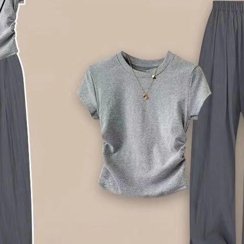 【單件/套裝】韓系簡約百搭純棉正肩T恤+寬鬆闊腿褲兩件套裝-lululam