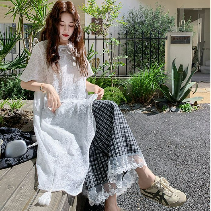 【單件/套裝】高級設計感蕾絲衫+黑白格半身裙兩件套裝-lululam