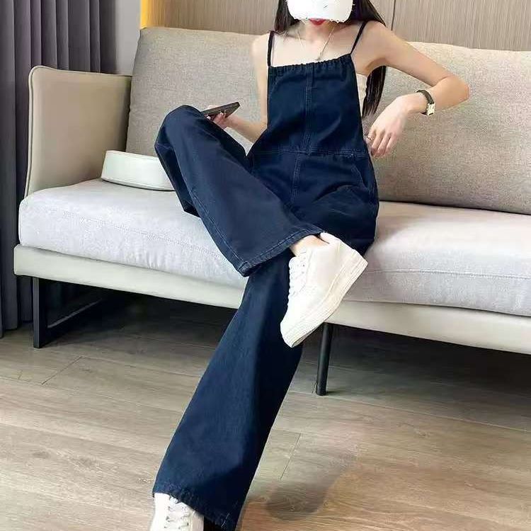 高腰顯瘦氣質吊帶闊腿褲牛仔背帶褲-lululam
