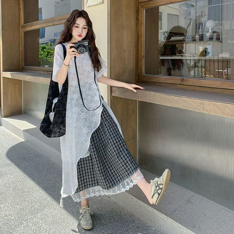 【單件/套裝】高級設計感蕾絲衫+黑白格半身裙兩件套裝-lululam