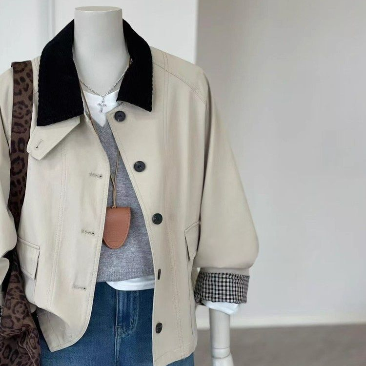 韓系復古小眾設計感撞色格紋拼接風衣外套-lululam