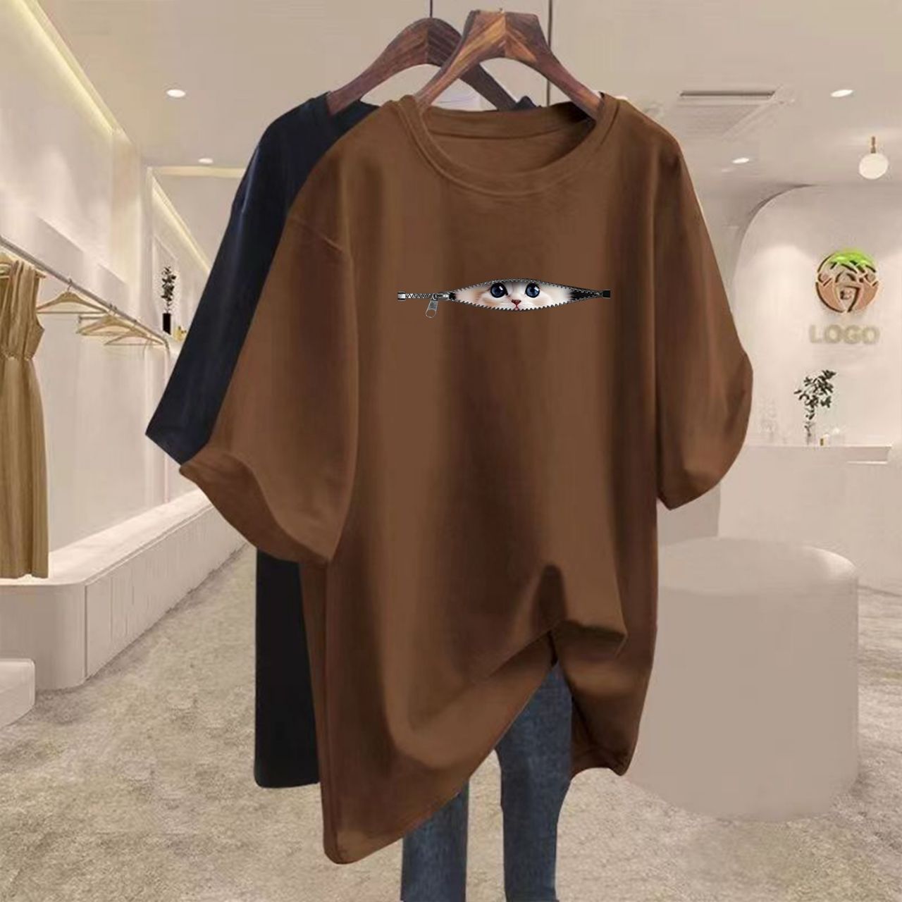 16色純棉寬鬆可愛貓咪寬鬆中長款百搭短袖T恤-lululam