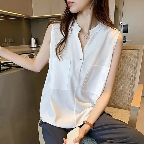 輕熟簡約氣質設計感小眾無袖雪紡襯衫-lululam