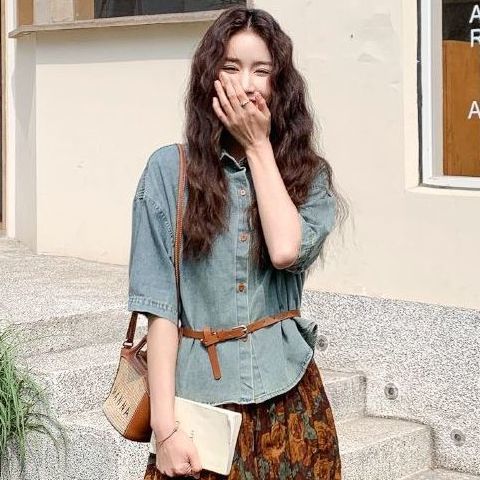 【單品/套裝】短袖牛仔襯衫碎花半身裙兩件套裝-lululam