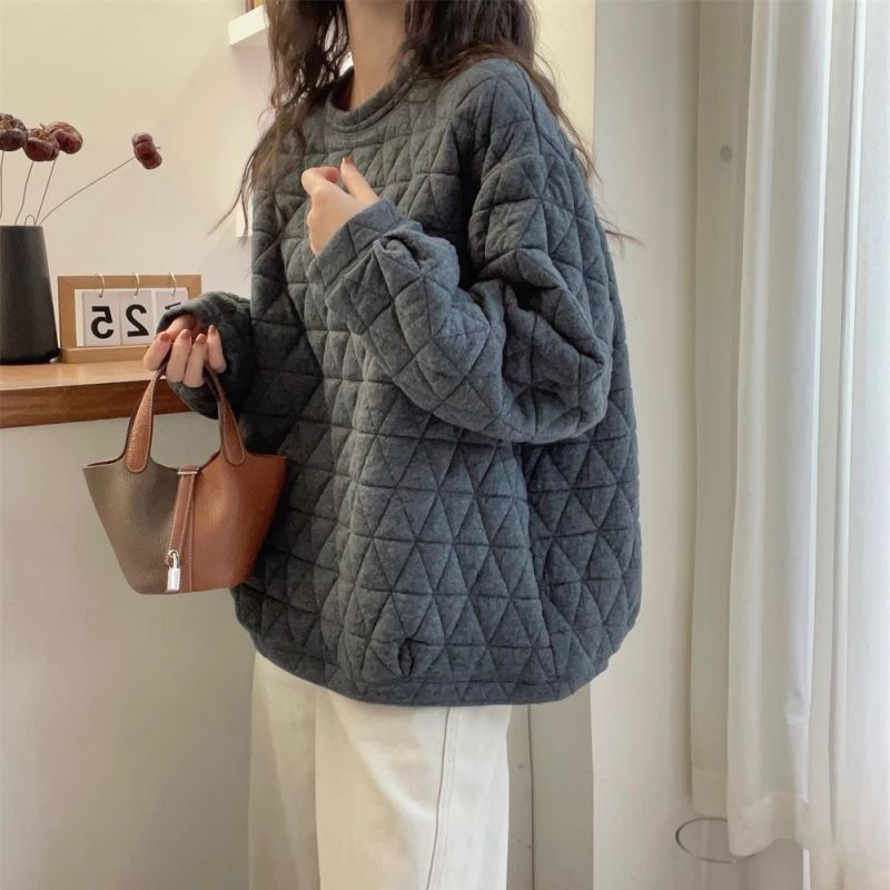 慵懶風加厚保暖寬鬆菱格夾棉上衣