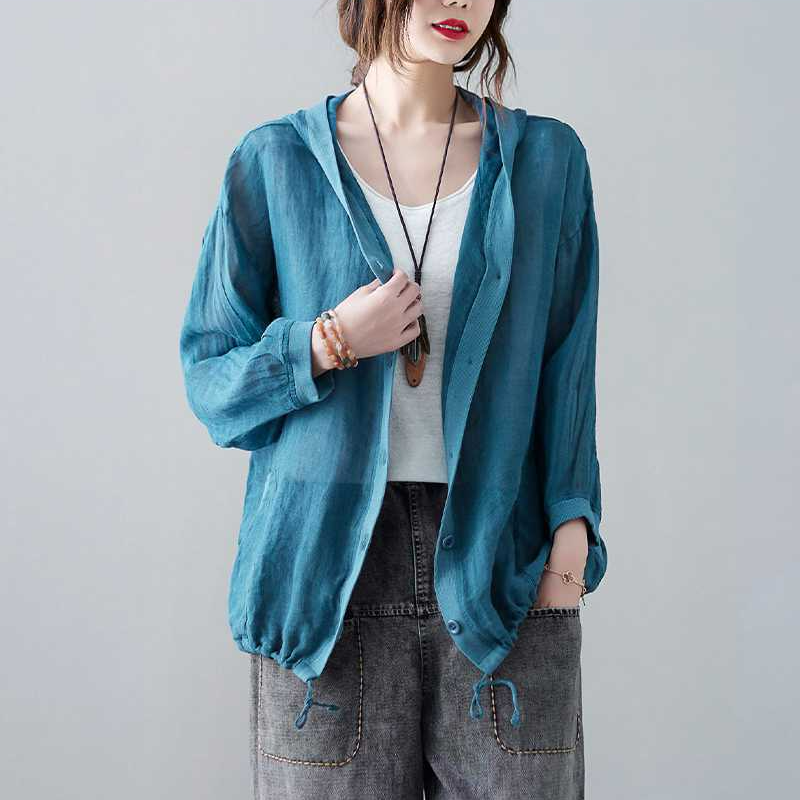 復古連帽棉麻寬鬆文藝防曬中長款空調開衫-lululam