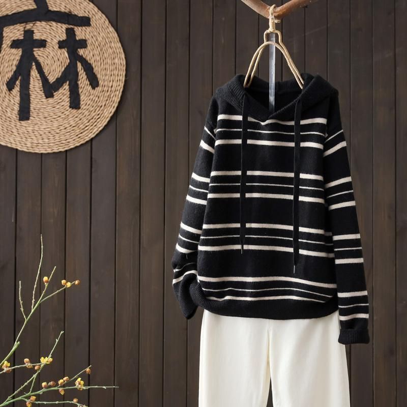 休閒慵懶長袖條紋顯瘦連帽針織毛衣