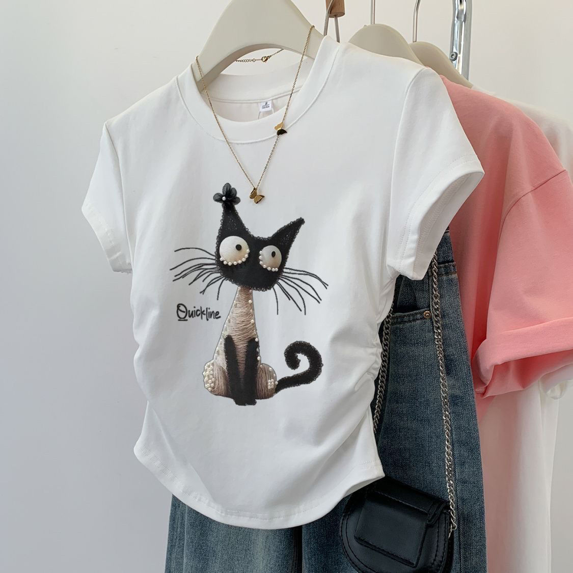貓咪短款褶皺設計收腰修身正肩短袖t恤-lululam