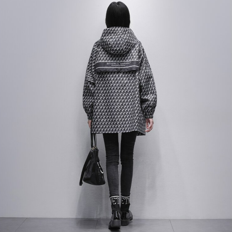 千鳥格黑色風衣中長版休閒寬鬆顯瘦連帽外套(預售7天左右發貨)
