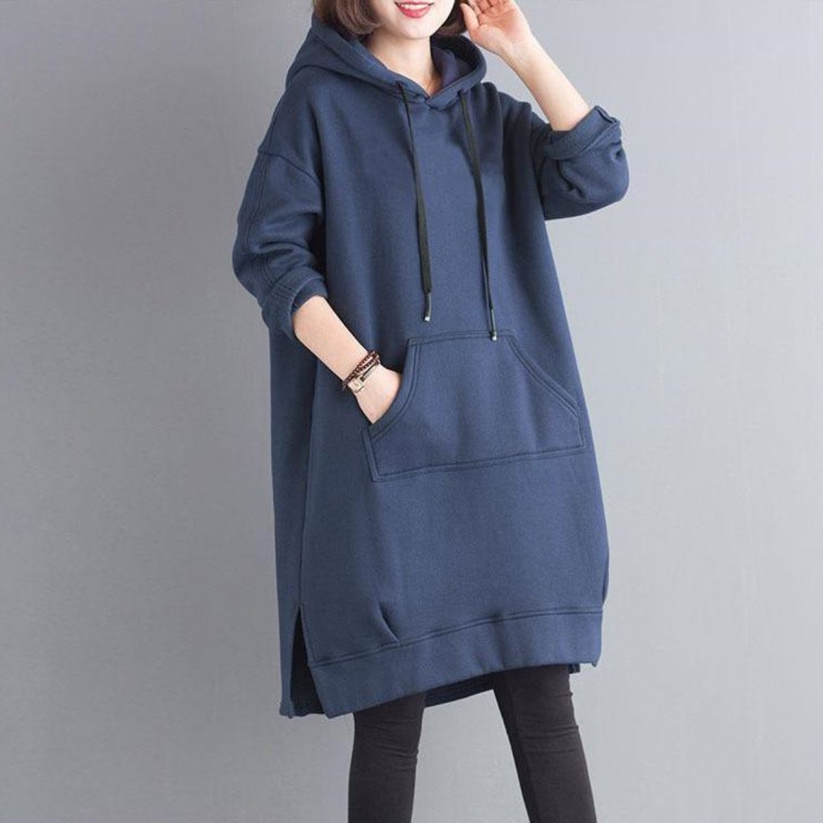 寬鬆刷毛加厚素色開叉中長款連帽T