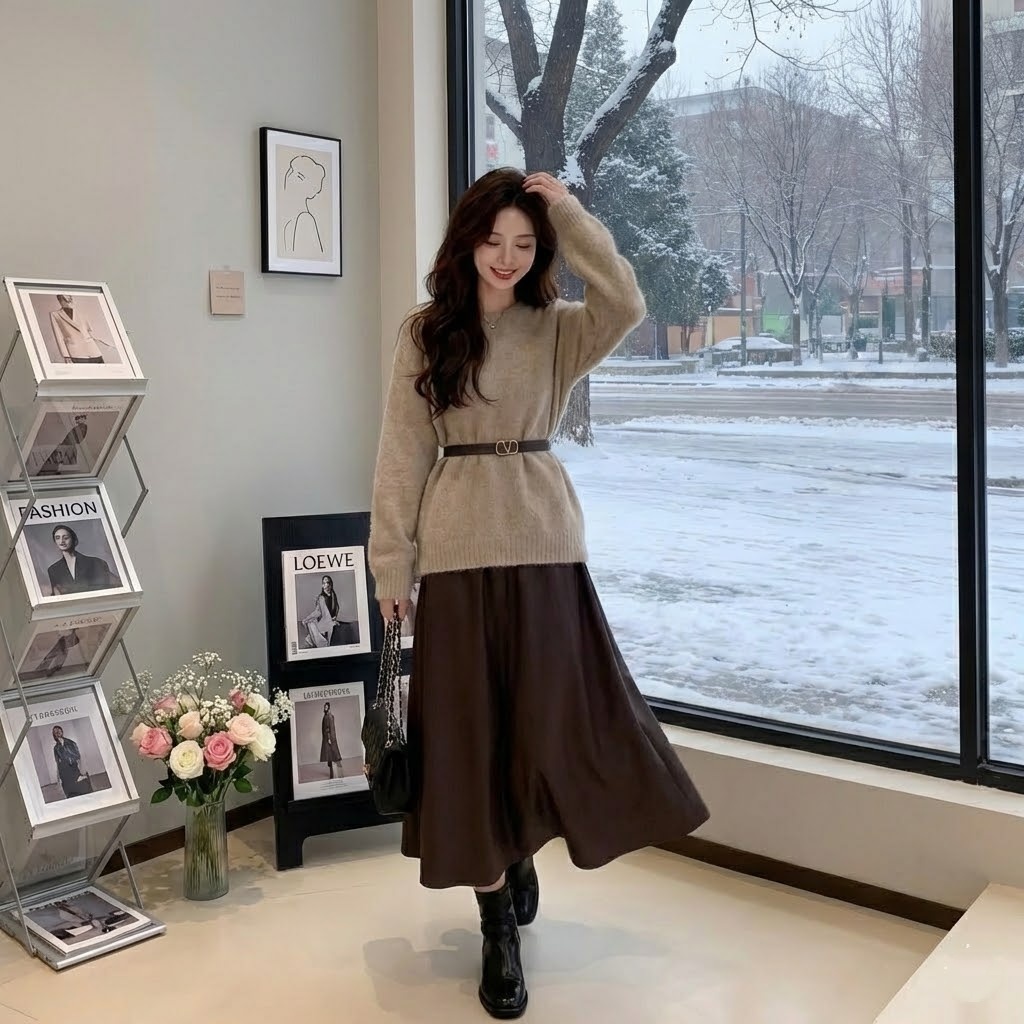 【單件/套裝】素色長袖針織衫+高腰半身裙兩件套