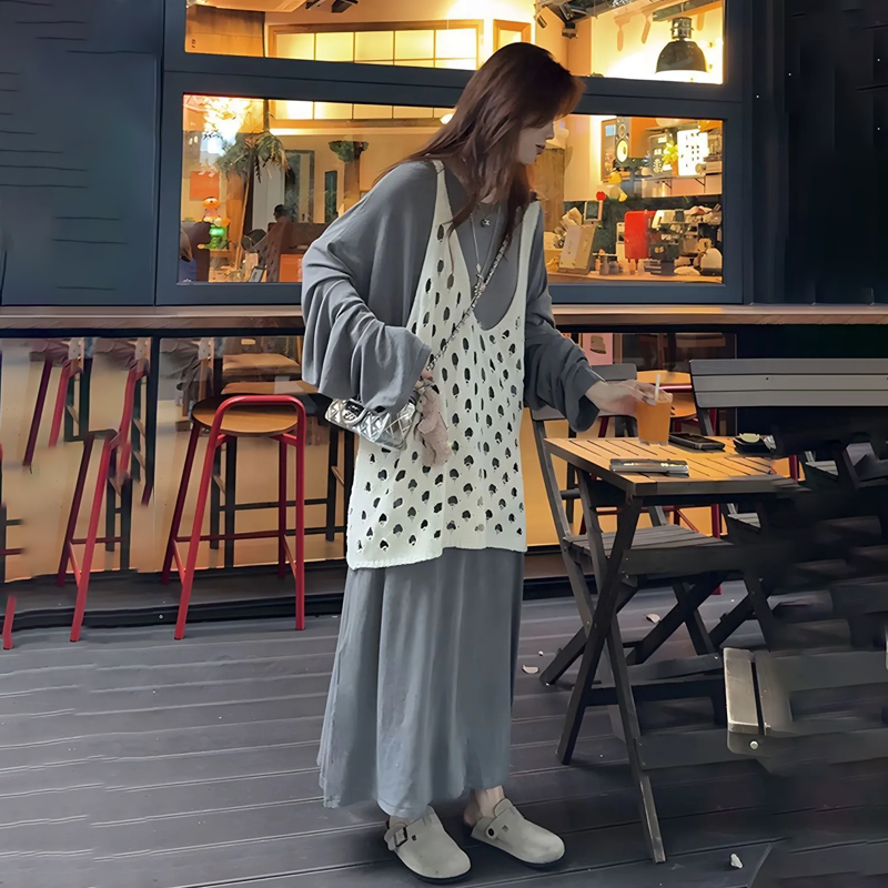 【單件/套裝】鬆弛感慵懶風鏤空馬甲連衣裙兩件套裝-lululam