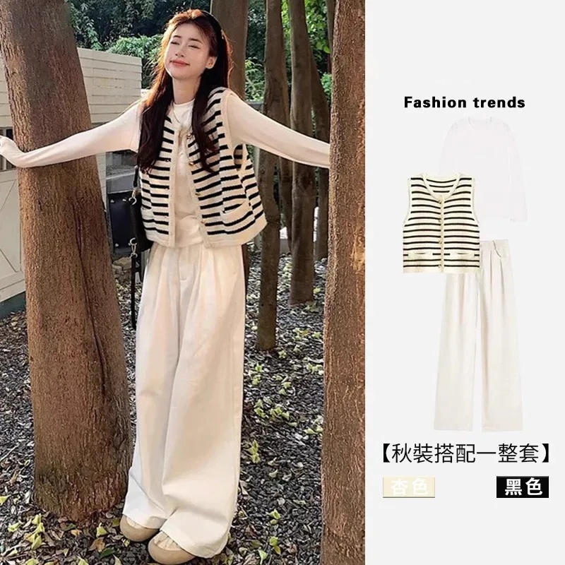 【單件/套裝】韓版ins條紋馬甲+長袖T恤+白色休閒牛仔褲三件套裝-lululam