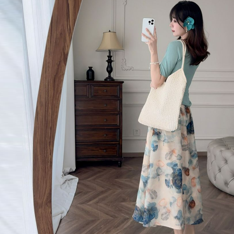 藝術系水墨暈染A字鬆緊腰半身裙-lululam