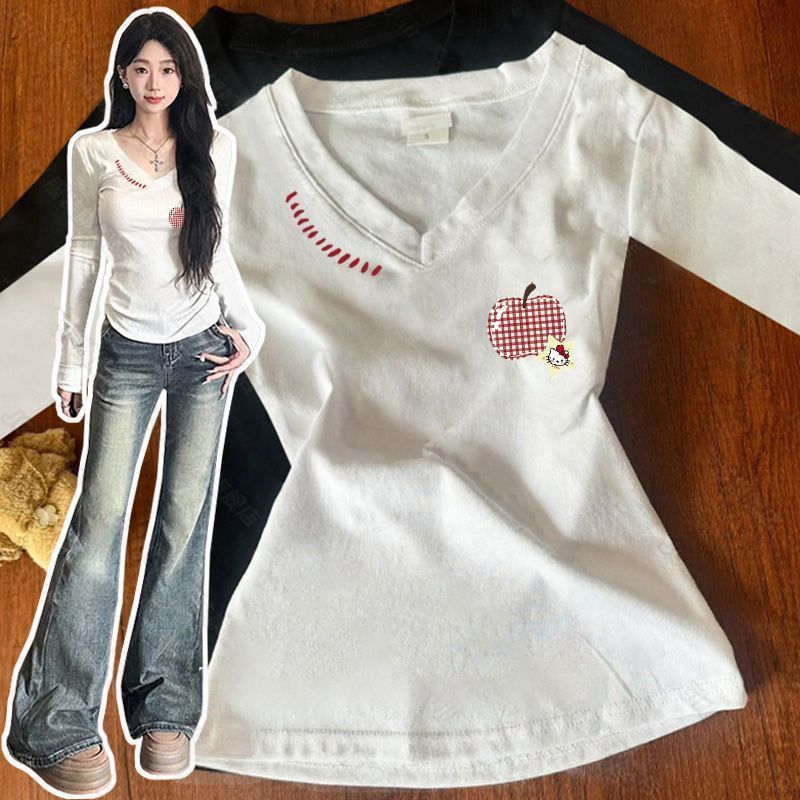 潮流字母印花修身顯瘦v領長袖T恤