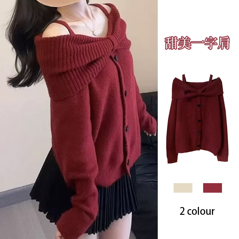 溫柔甜美一字肩韓系高級感露肩針織衫-lululam