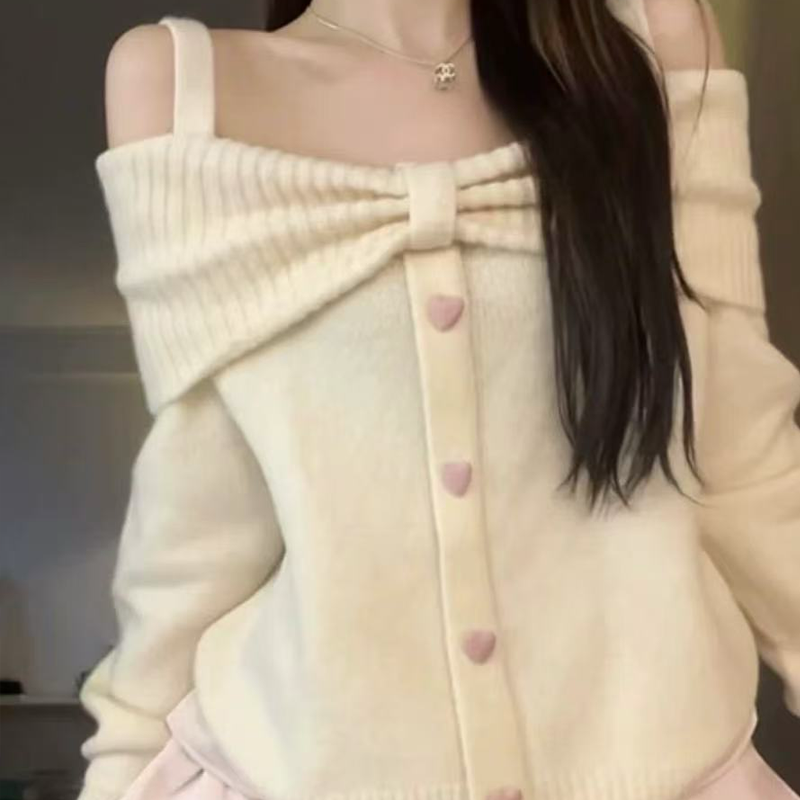 溫柔甜美一字肩韓系高級感露肩針織衫-lululam