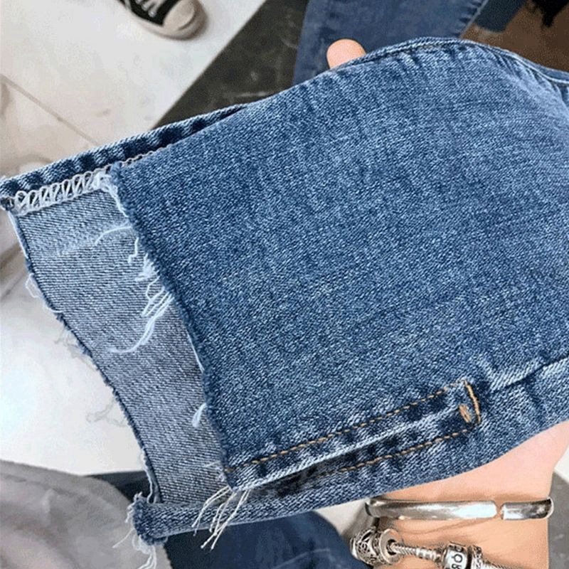 顯瘦高腰彈力緊身型破洞九分牛仔褲-lululam