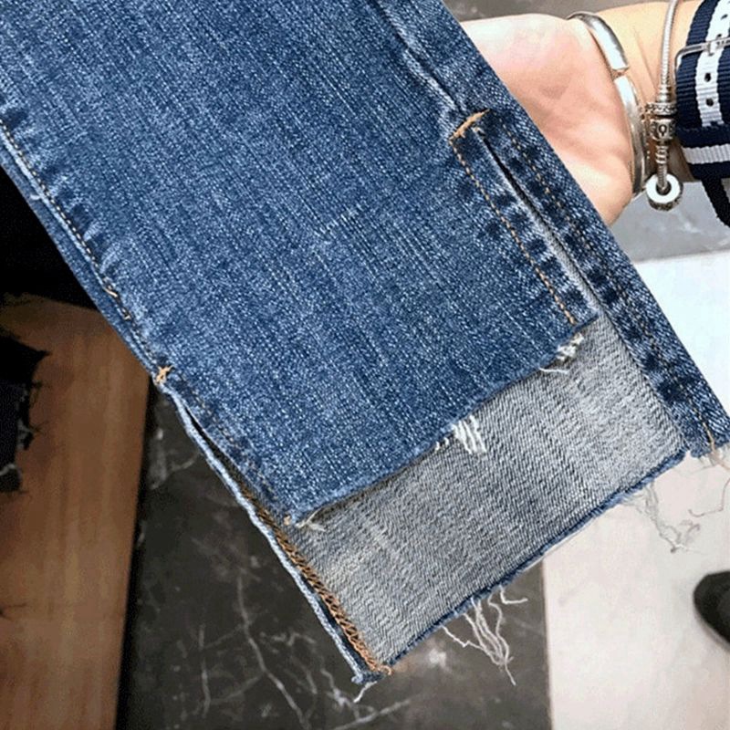 顯瘦高腰彈力緊身型破洞九分牛仔褲-lululam