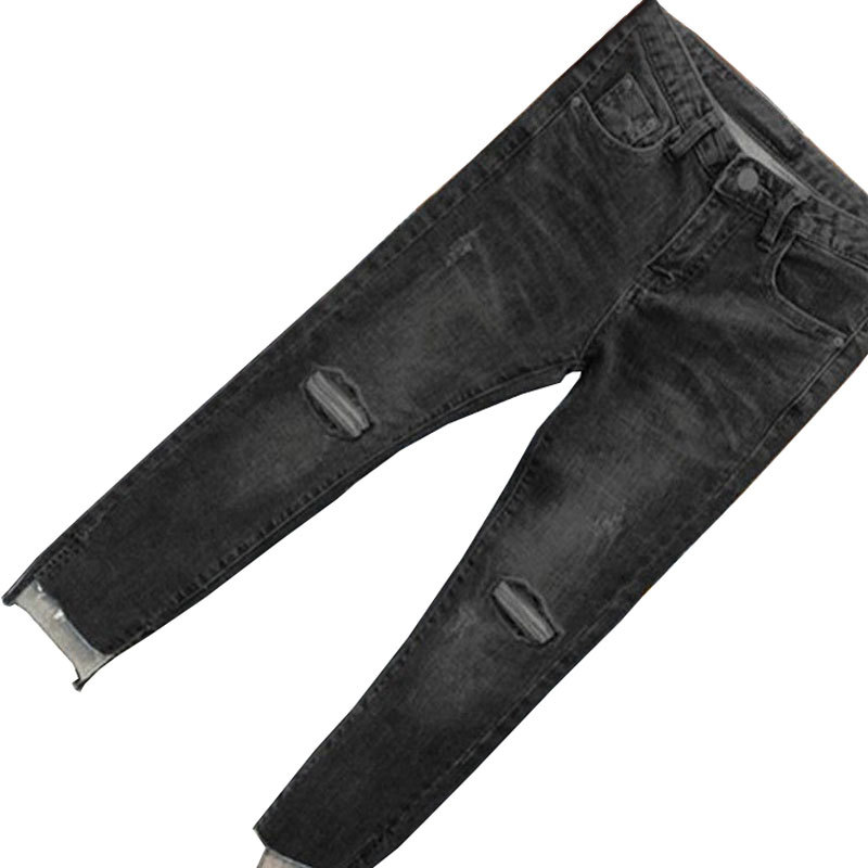 顯瘦高腰彈力緊身型破洞九分牛仔褲-lululam