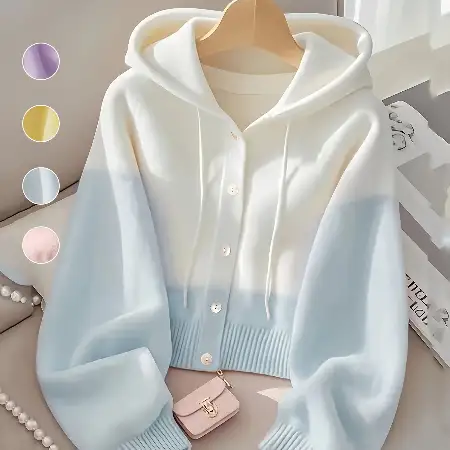 寬鬆連帽羊毛撞色紐扣針織開衫