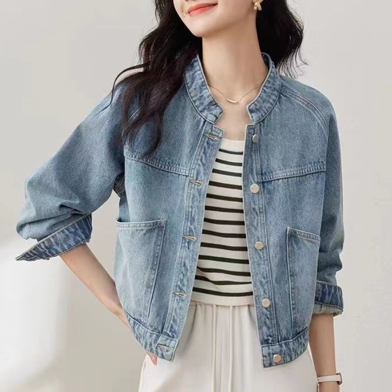 復古水洗立領顯高長袖牛仔短外套-lululam