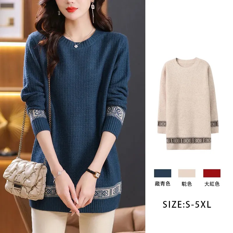 寬鬆韓版大碼長袖圓領中長款針織衫-lululam