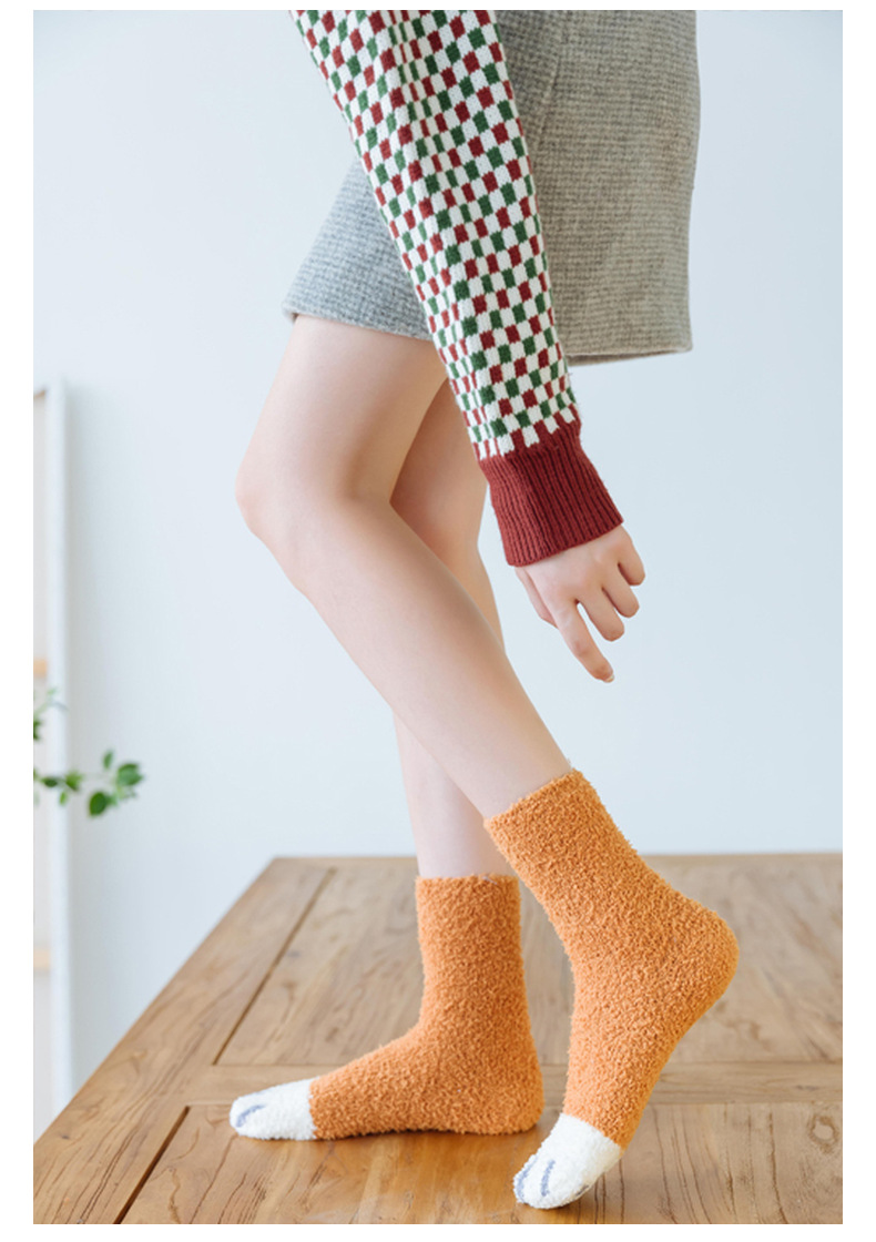 保暖加厚珊瑚絨中筒襪卡通貓爪家居襪子