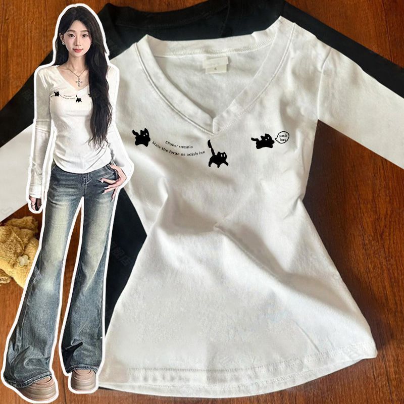 潮流字母印花修身顯瘦v領長袖T恤