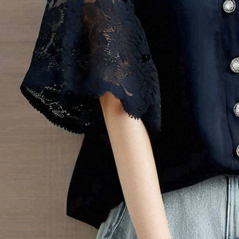 日系時尚拼接v領蕾絲氣質五分短袖-lululam