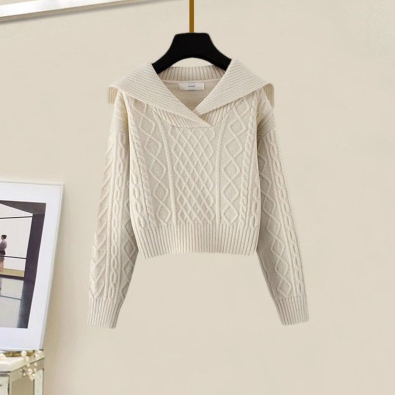 【單件/套裝】慵懶風娃娃領麻花毛衣+高腰A字針織半身裙兩件套