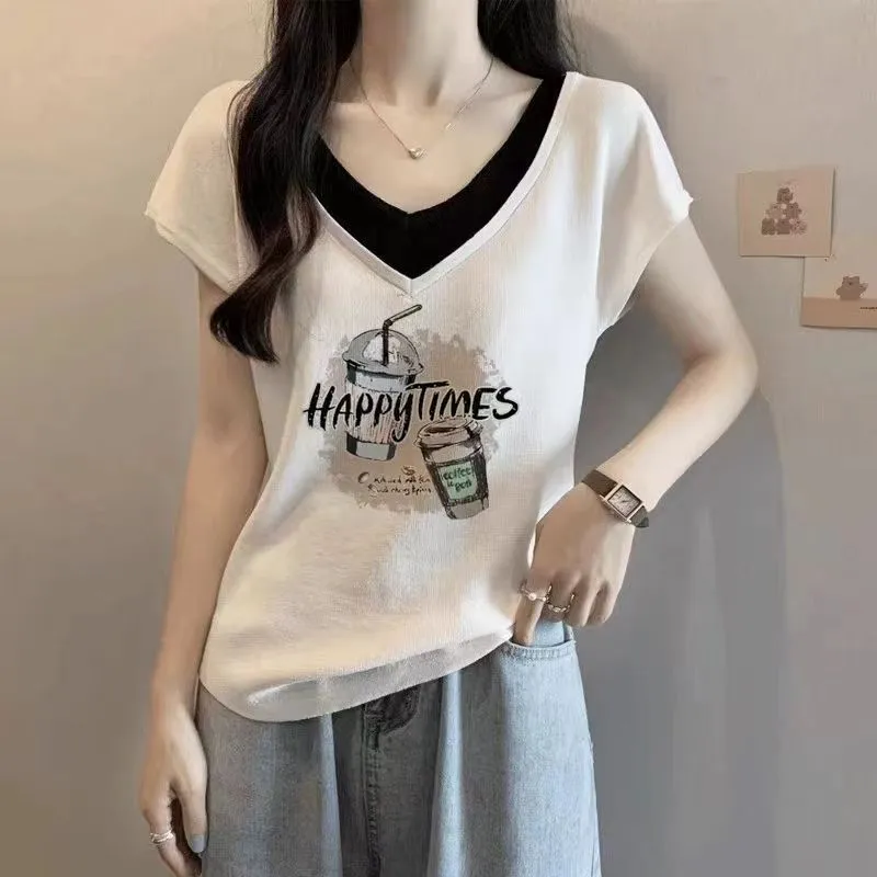 純棉多款式洋氣寬鬆大碼顯瘦V領假兩件短袖T恤-lululam