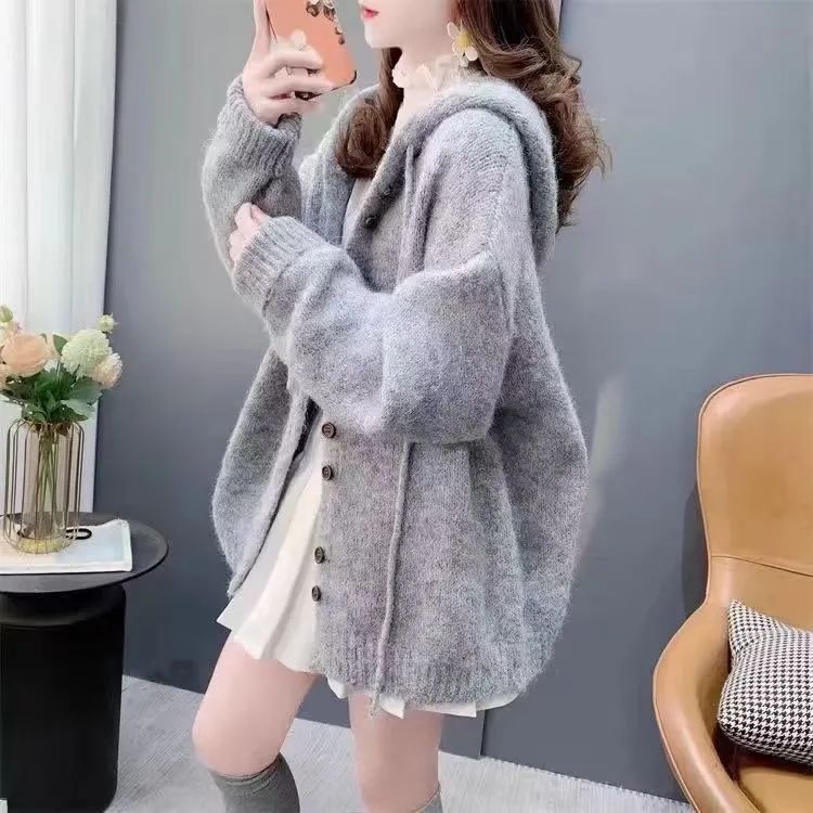 慵懶風百搭韓版寬鬆連帽針織開衫